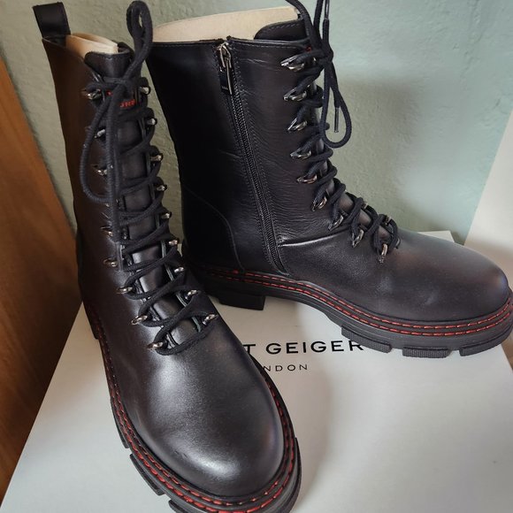 NIB Kurt Geiger London Black Leather Lace or Zip Combat Boots Cool Details! - Picture 11 of 14